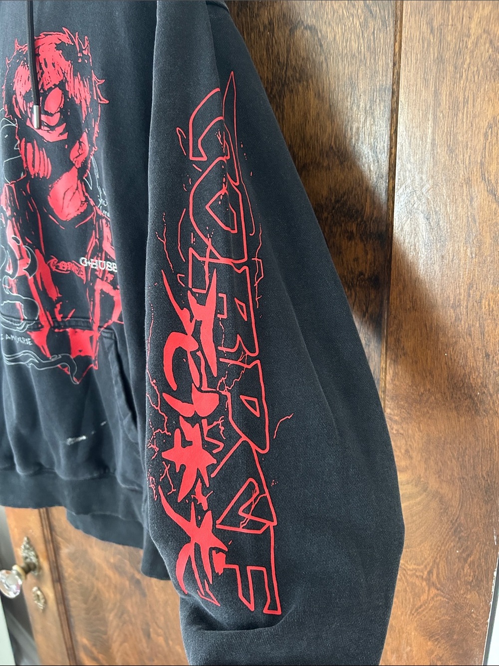 Black Graphic Corpse Husband Pullover Hoodie with Red Illustration - Picture 4 of 6